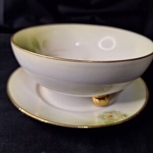 Royal Rudolstadt Prussia‎ Footed Bowl and Saucer Antique White Rose Gold Trim